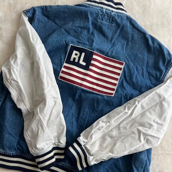 Ralph Lauren Denim Bomber Jacket With Flag And Logo Design - Picture 4 of 5